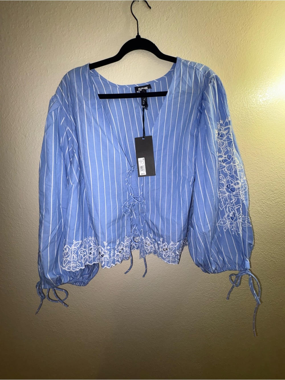 FUTURE Collective Blue & White Striped Embroidered Tie-Front Blouse